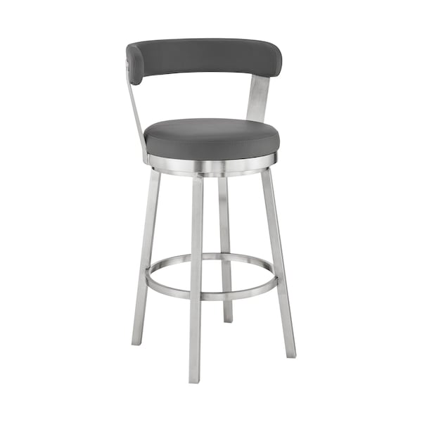 Armen Living Kobe 26" Counter Height Swivel Bar Stool in Brushed Stainless Steel Finish and Gray Faux Leather 721535761807 - main